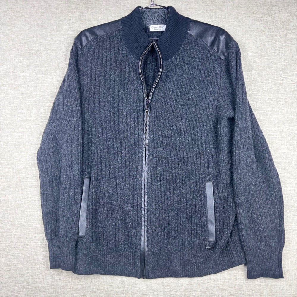 Calvin Klein Premium Mens XL Gray  Full Zip Sweater Faux Leather Trim Jacket